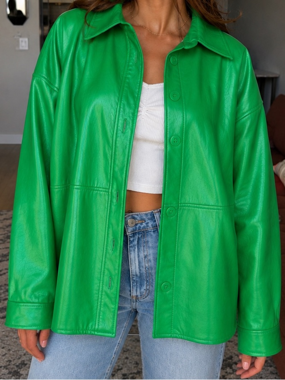 Babaton Bright Green Faux Leather Shirt Jacket